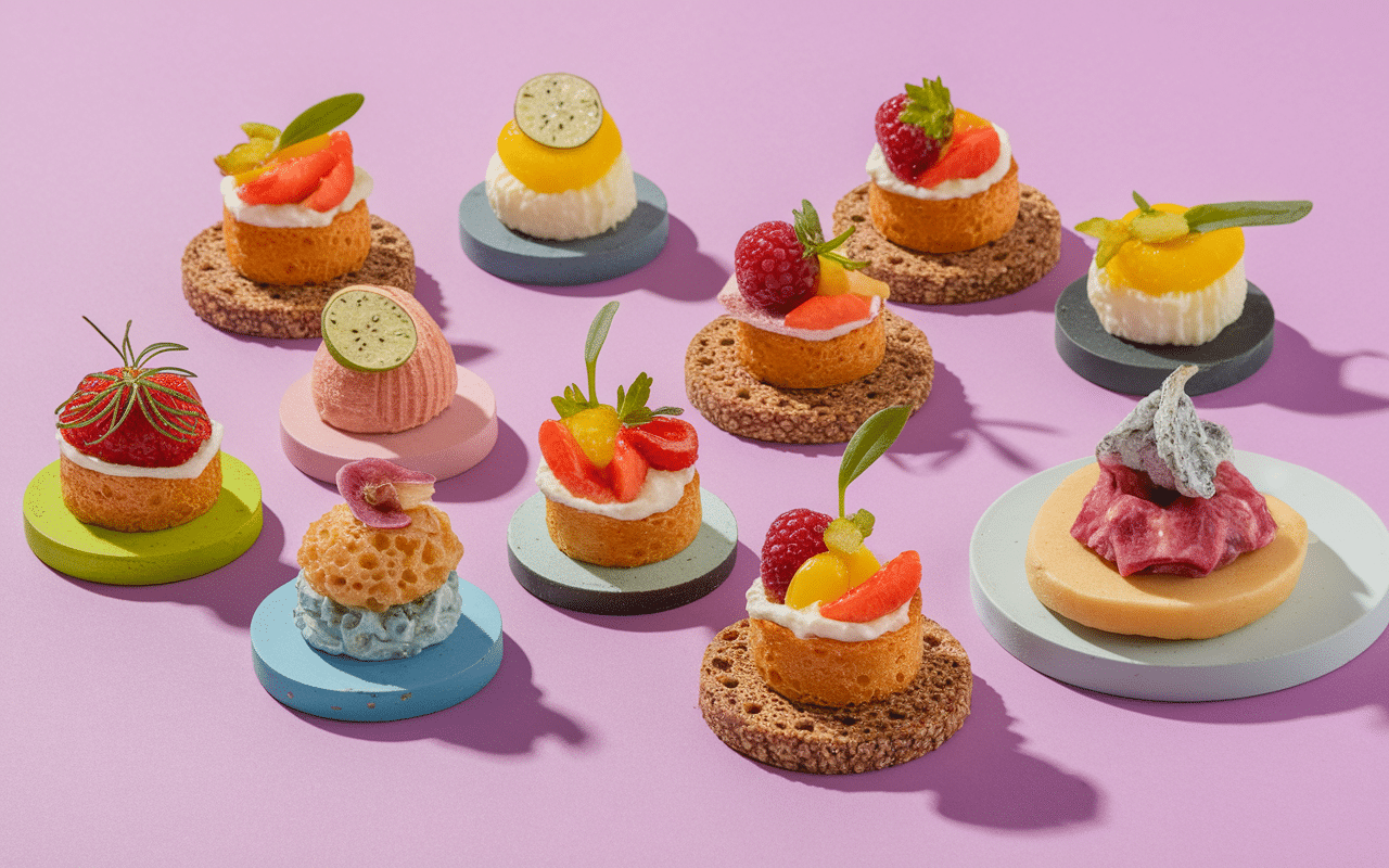 Assortiment de bouchées au foie gras pour apéritif, supports variés et gourmands