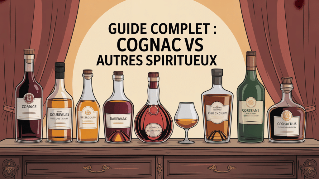Cognac vs autres spiritueux sur table bois ambiance chaleureuse