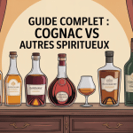 Cognac vs autres spiritueux sur table bois ambiance chaleureuse