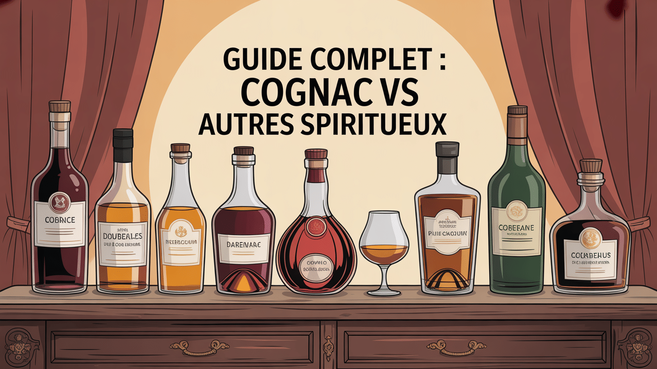 Cognac vs autres spiritueux sur table bois ambiance chaleureuse
