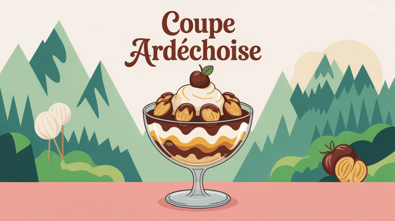 Coupe ardechoise avec glace, crème marrons et chantilly sur fond montagne