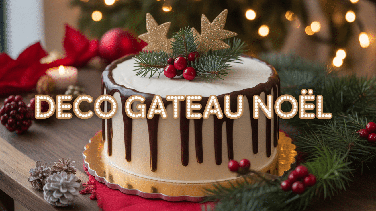 Deco gateau noel sur presentoir branches bougies