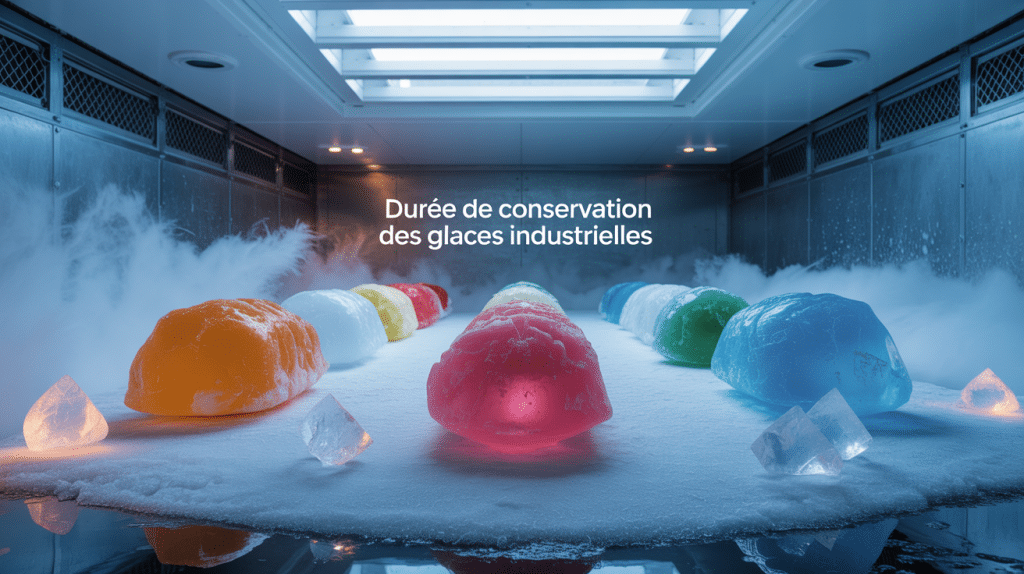 Congélateur ouvert avec glaces industrielles et cristaux de glace, durée conservation glace industrielle