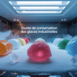 Congélateur ouvert avec glaces industrielles et cristaux de glace, durée conservation glace industrielle