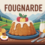 fougnarde dorée aux pommes sur table en bois avec ingrédients