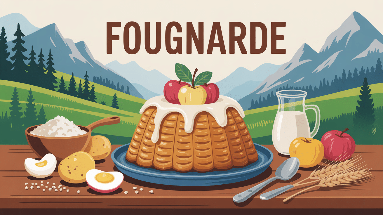 fougnarde dorée aux pommes sur table en bois avec ingrédients