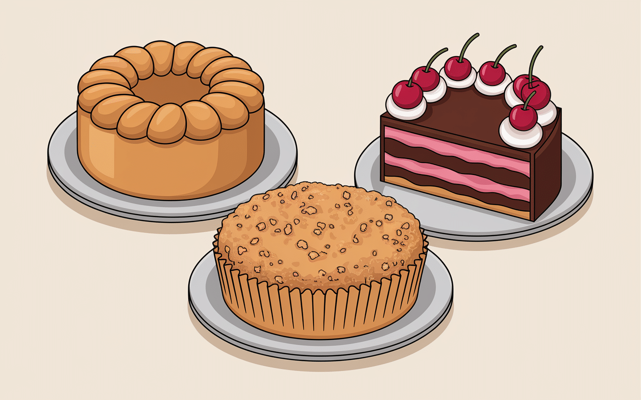 Présentoir avec gâteau alsacien liste, kouglof, streusel, gâteau chocolat