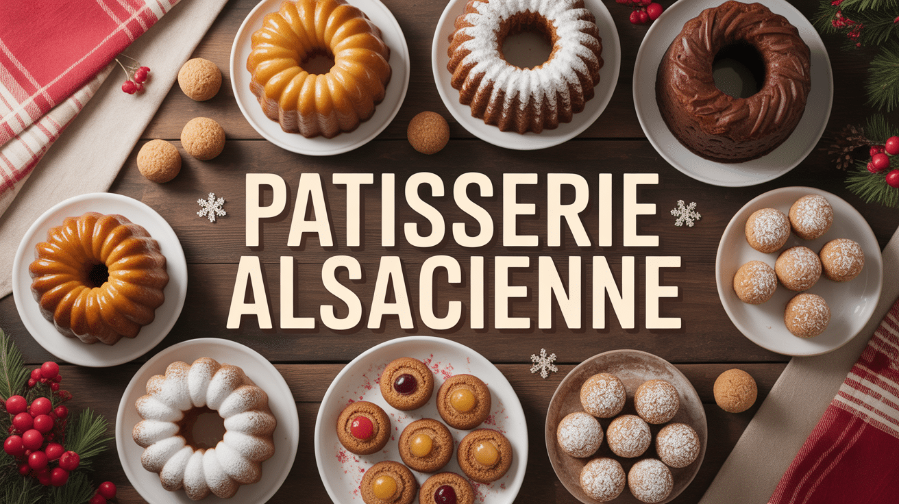 Table avec gâteau alsacien liste, kouglof, streusel, biscuits
