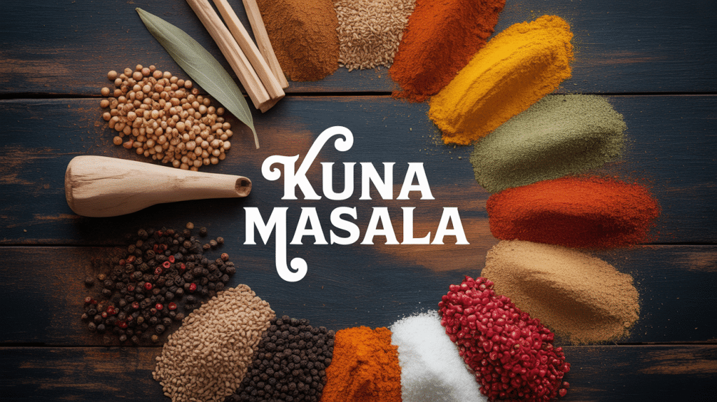cercle d'épices kuna masala sur bois avec mortier