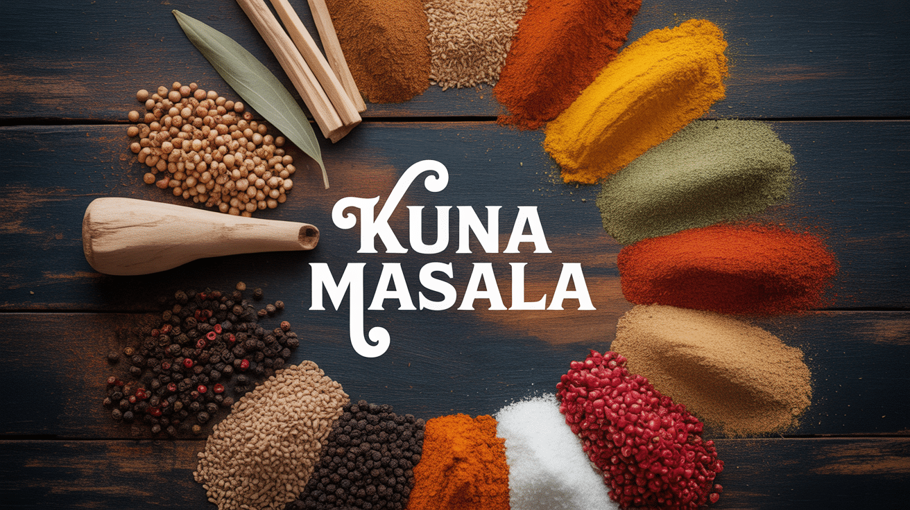 cercle d'épices kuna masala sur bois avec mortier