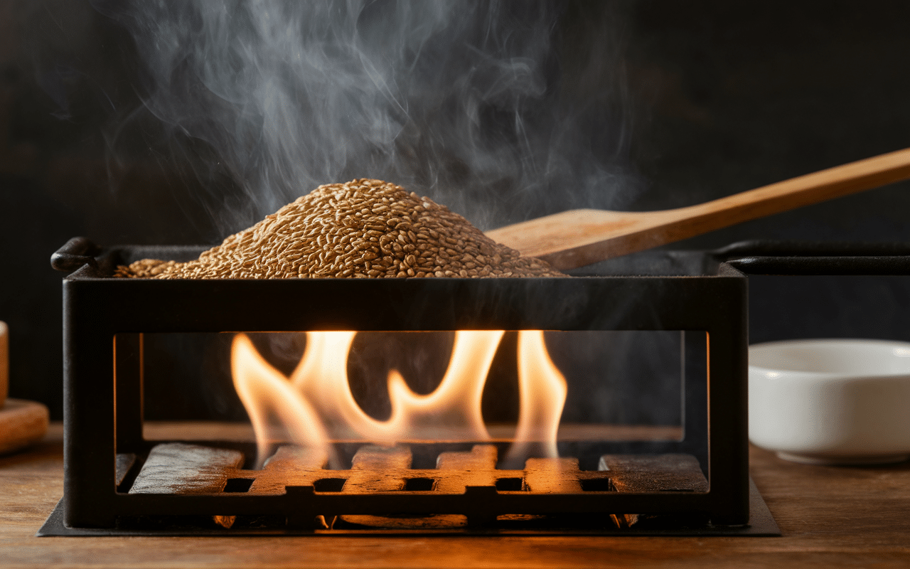 torréfaction kuna masala épices dans poêle cuisine
