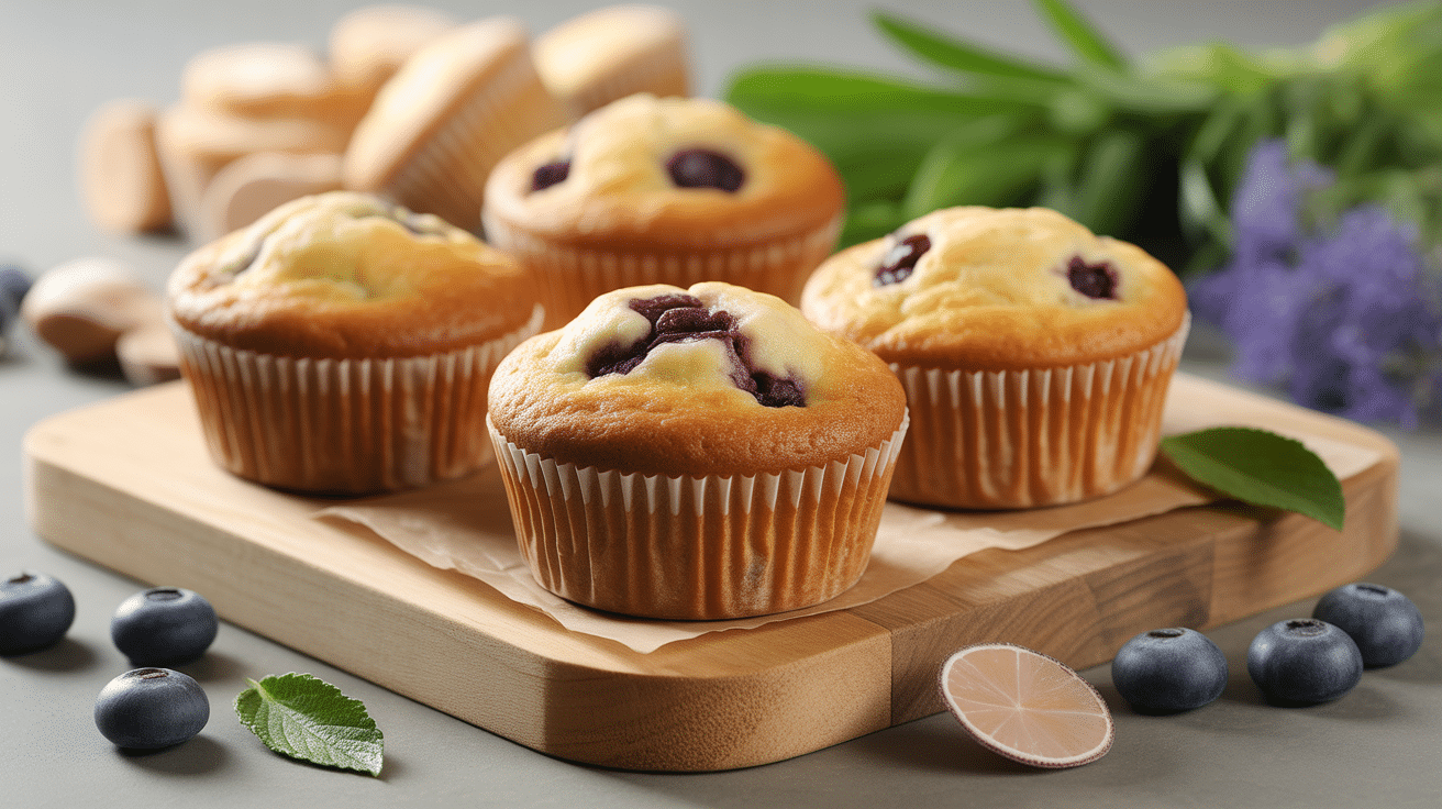 Muffin sans sucre pour diabetique moelleux sur planche avec ingrédients sains