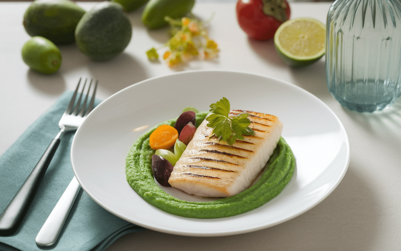 assiette purée de poireaux poisson légumes colorés