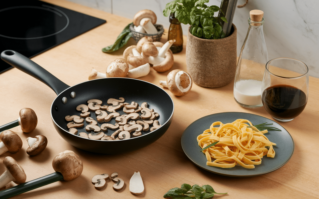 Préparation recette tartufo e funghi poêle et tagliatelles