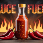 Bouteille sauce fuego rouge orangée flammes et piments