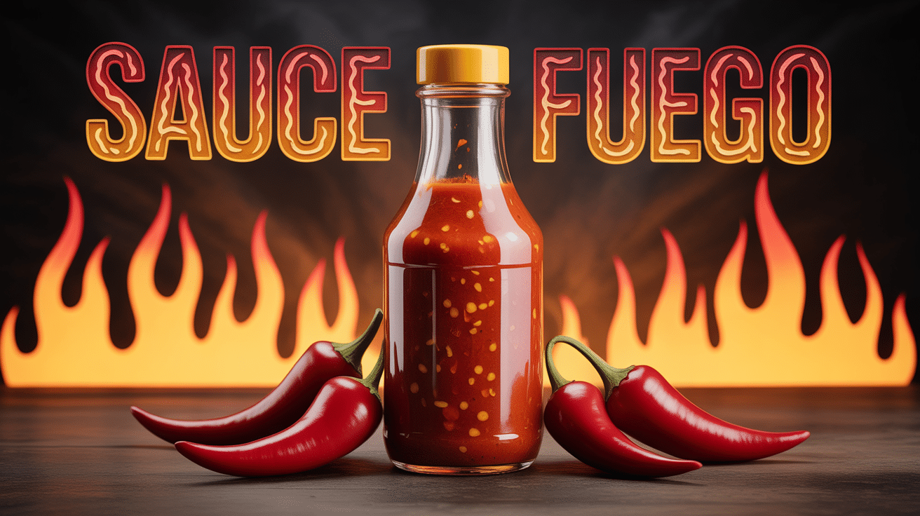 Bouteille sauce fuego rouge orangée flammes et piments