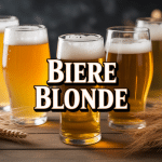 Verres de bière blonde dorée sur table avec houblon et blé
