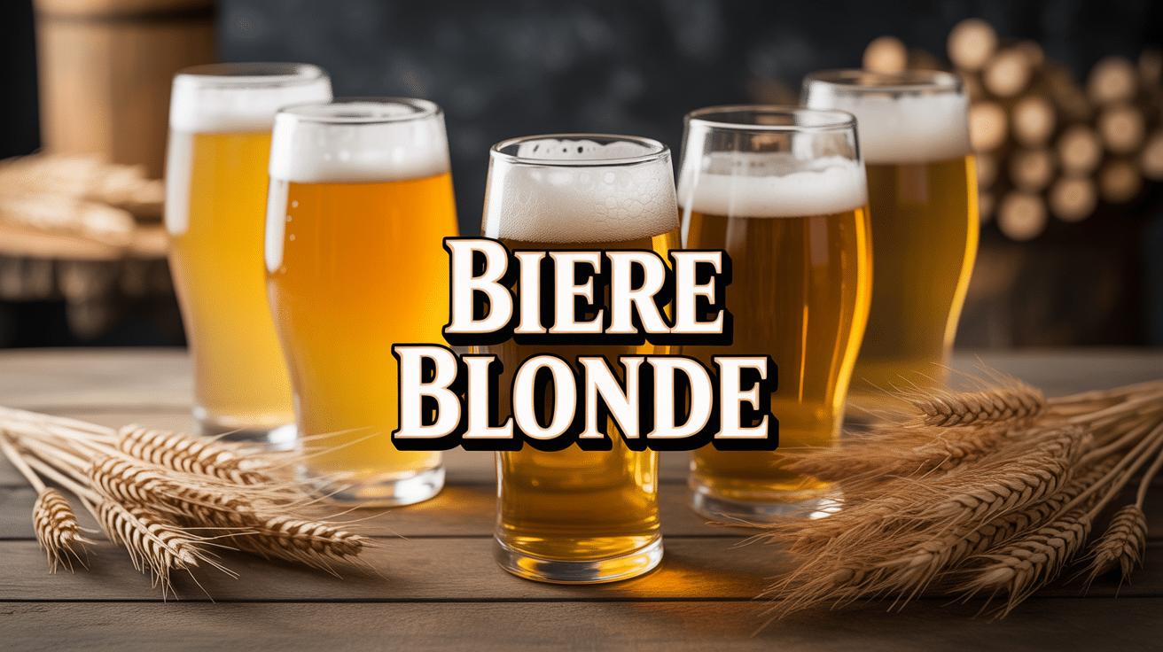 Verres de bière blonde dorée sur table avec houblon et blé