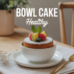 Bowl cake healthy dans bol blanc avec fruits et flocons d’avoine