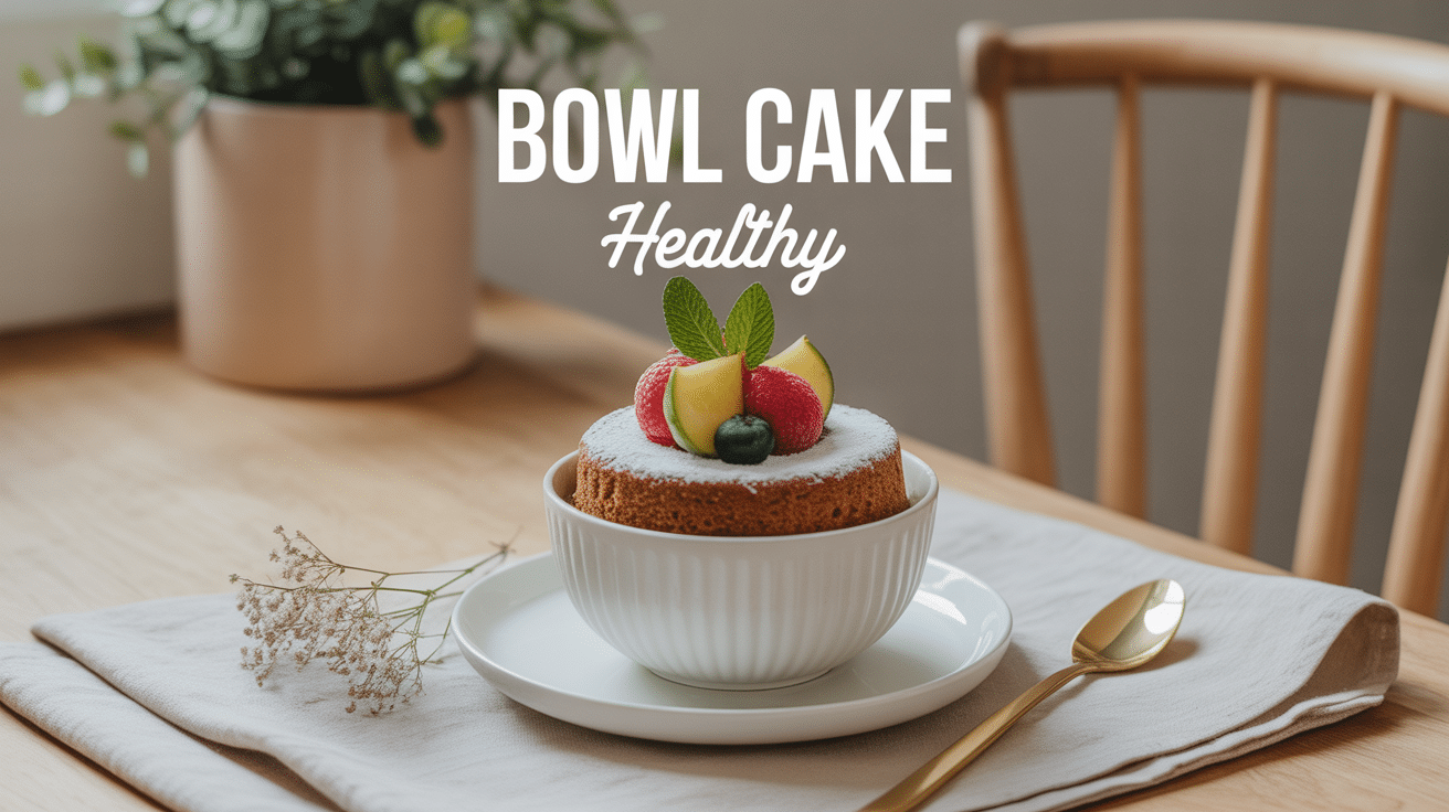 Bowl cake healthy dans bol blanc avec fruits et flocons d’avoine
