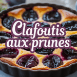 Clafoutis aux prunes doré, prunes fraîches et sucre glace