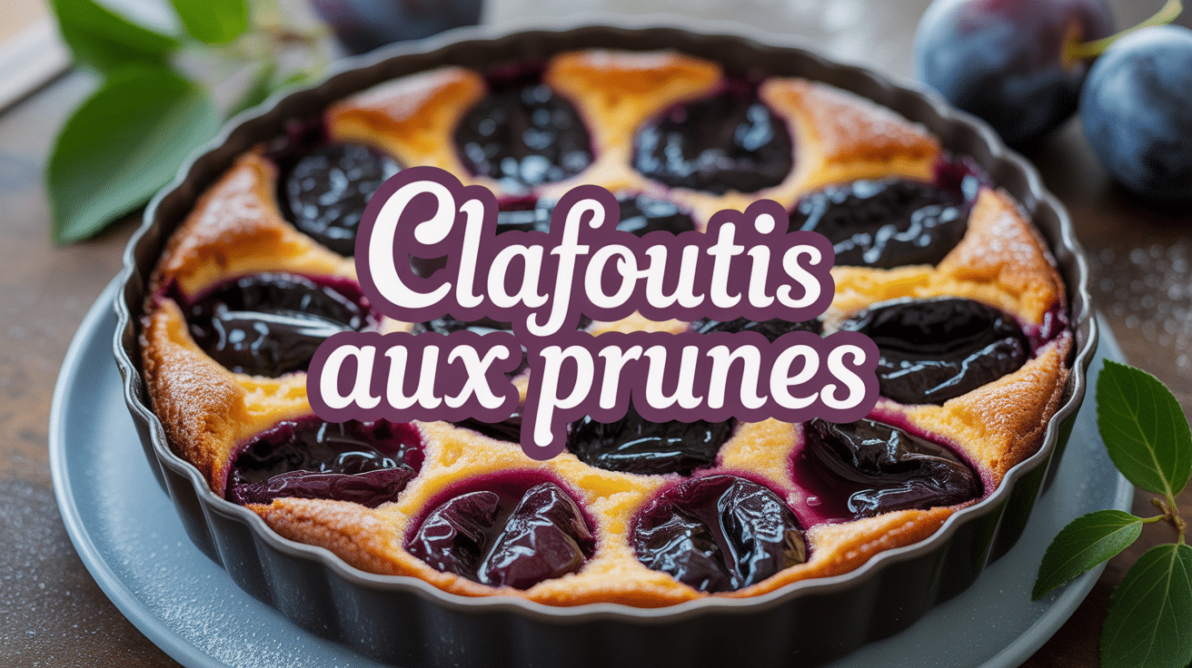Clafoutis aux prunes doré, prunes fraîches et sucre glace