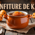 Pot de confiture de kaki entouré de fruits mûrs sur table