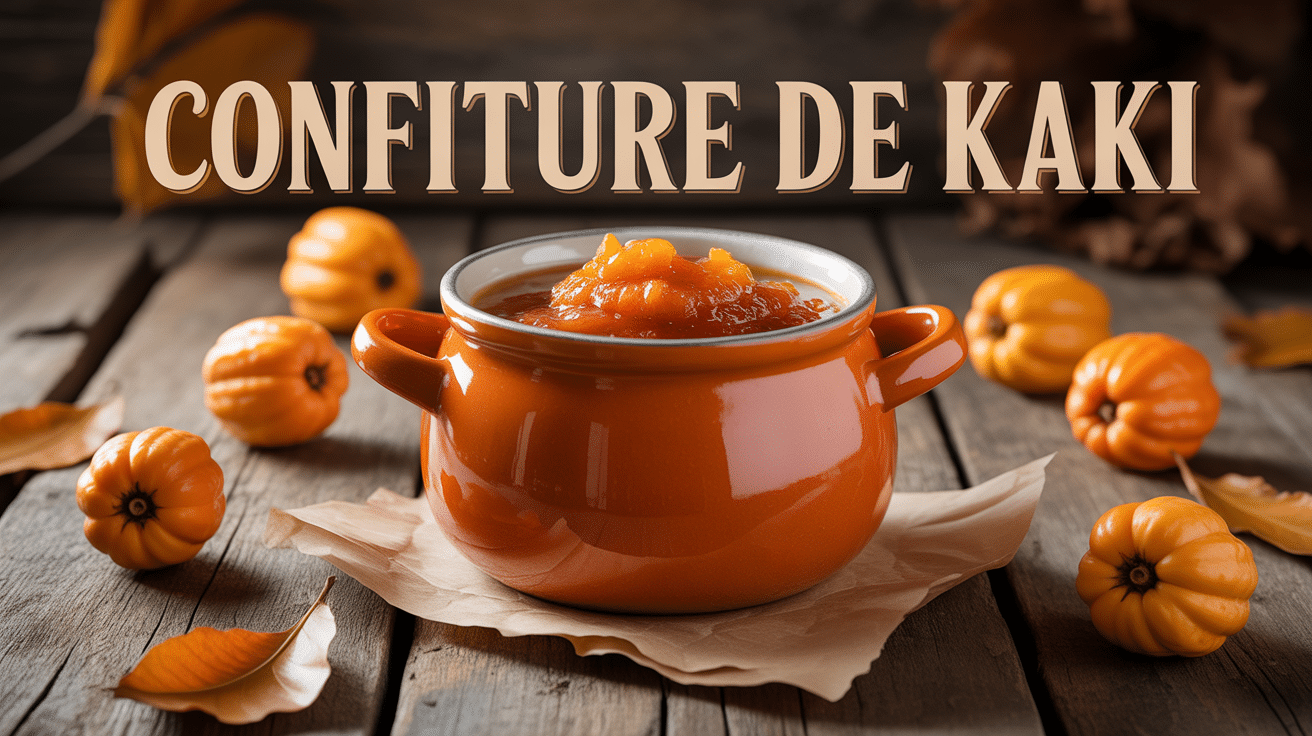 Pot de confiture de kaki entouré de fruits mûrs sur table