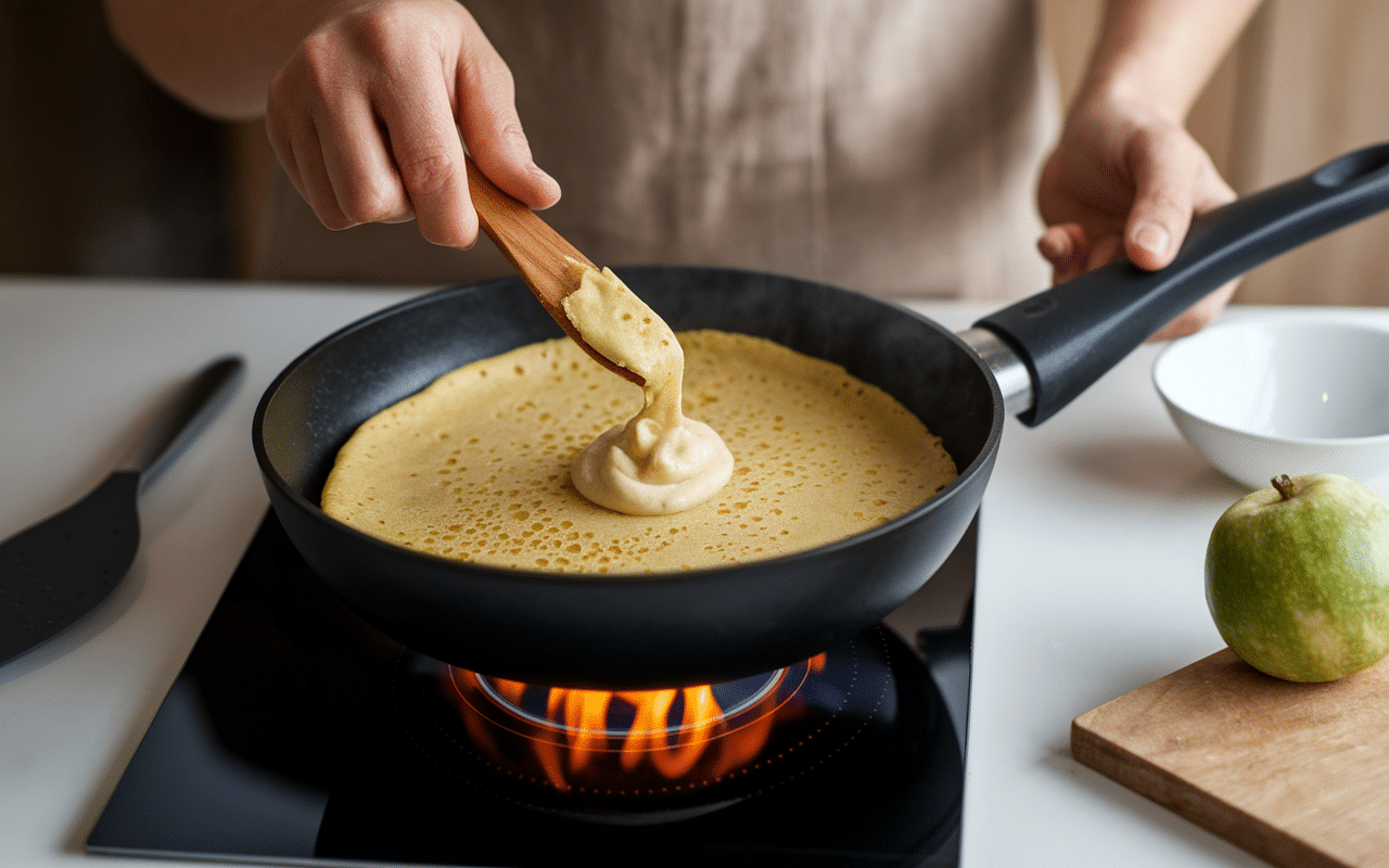 Crêpe à la farine de sarrasin sur poêle en cuisson