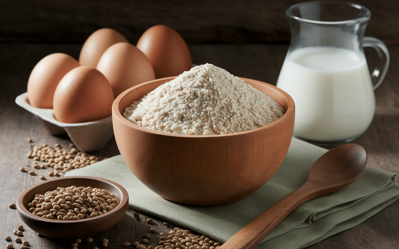 Bol de farine de sarrasin et œufs pour crêpes à la farine de sarrasin