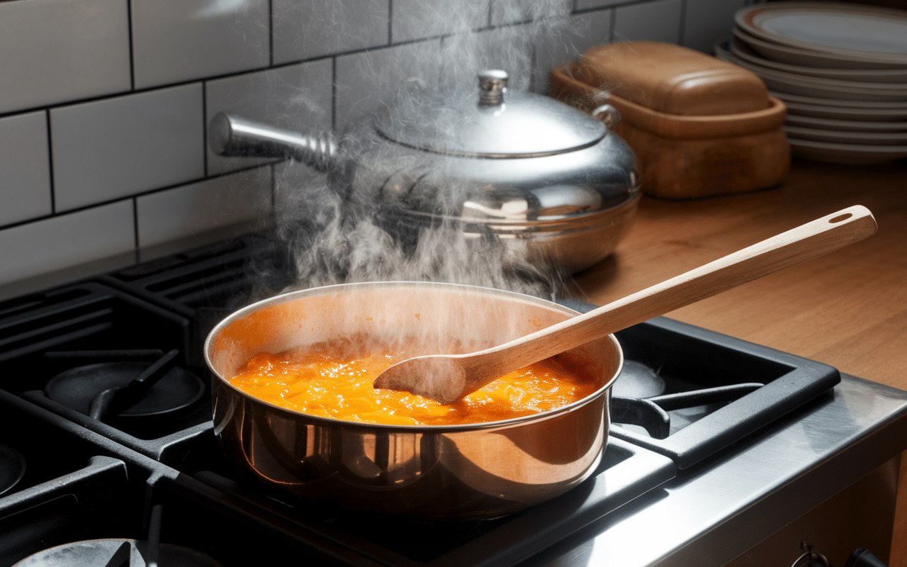 Cuisson confiture de kaki en bassine cuivre sur feu