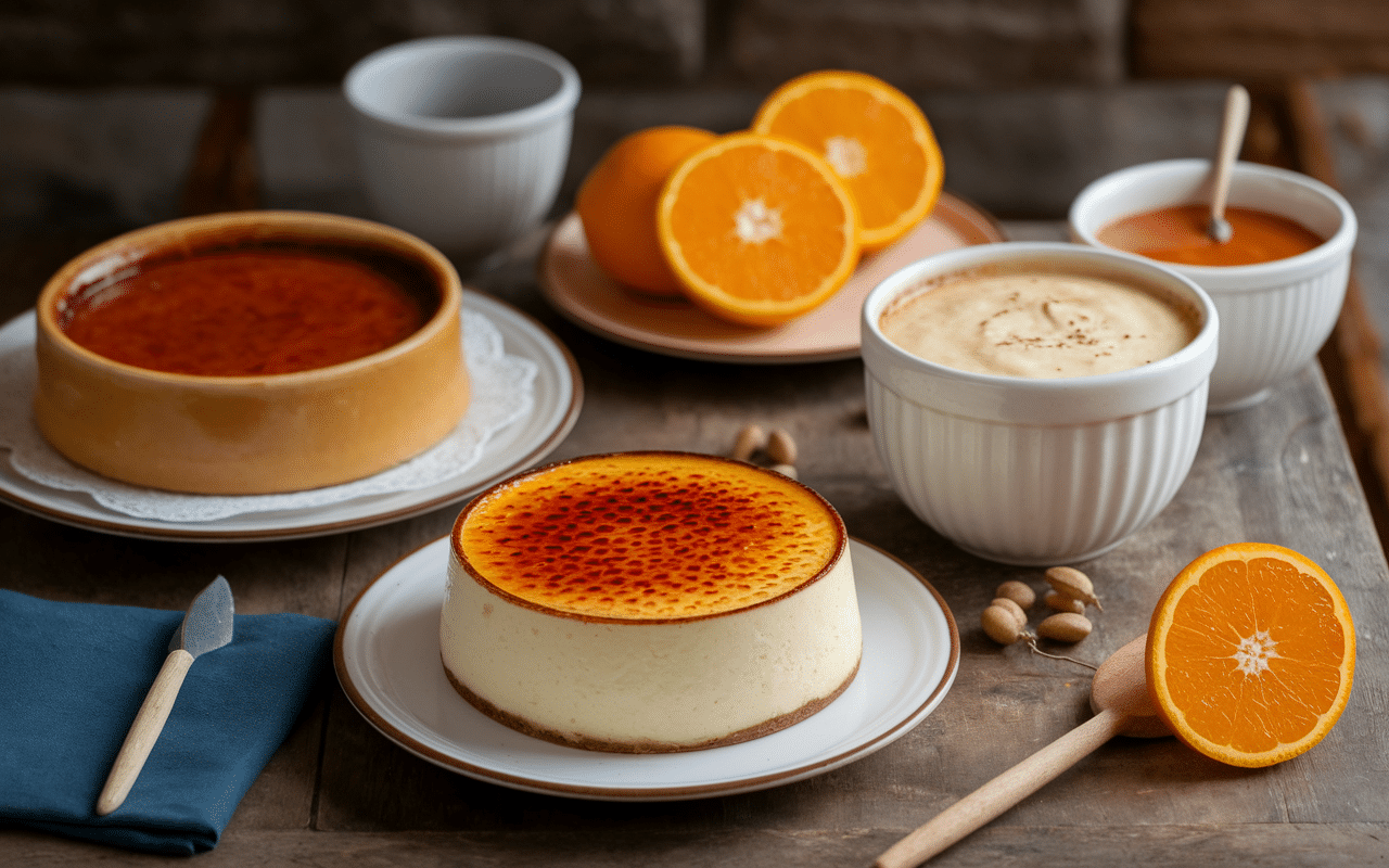 Dessert espagnol après une paella, assortiment flan, crema catalana, arroz con leche