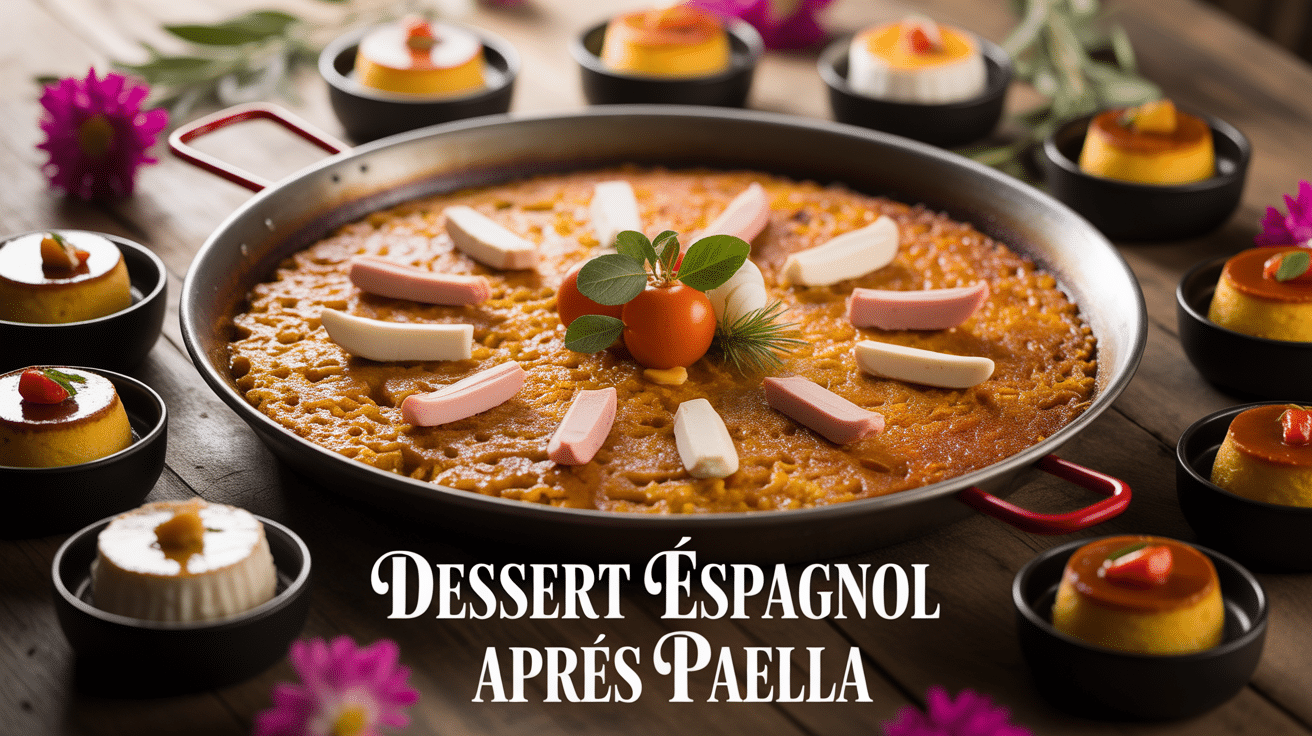 Dessert espagnol après une paella, flan, crema catalana et arroz con leche autour d’une paella