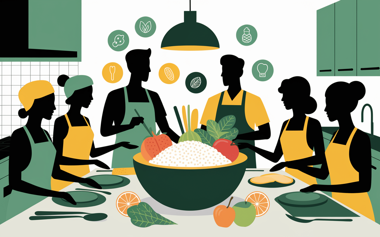 Personnes cuisine autour bol farine de coco et nutriments