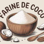Bol farine de coco entouré noix sur fond naturel