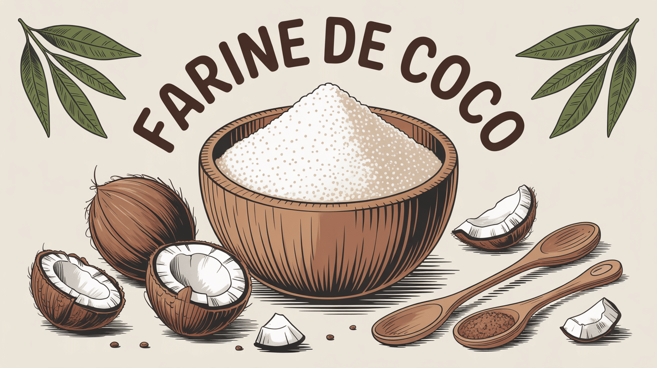 Bol farine de coco entouré noix sur fond naturel
