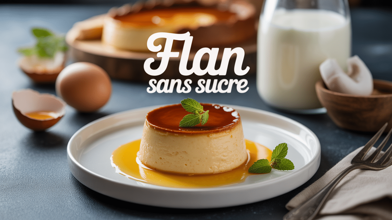 Flan sans sucre crémeux sur assiette avec ingrédients naturels
