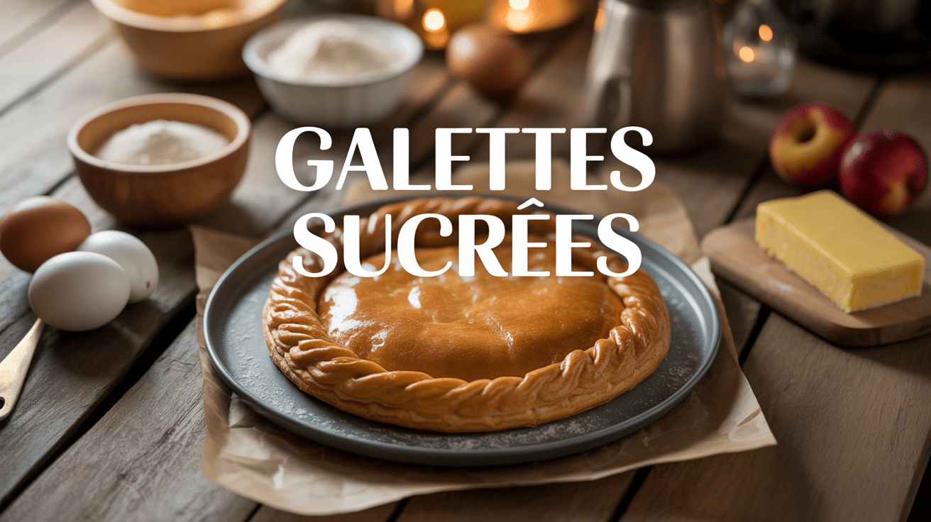 Galette sucrée maison sur table bois et ingrédients