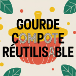 gourde compote réutilisable avec fruits et feuilles vertes