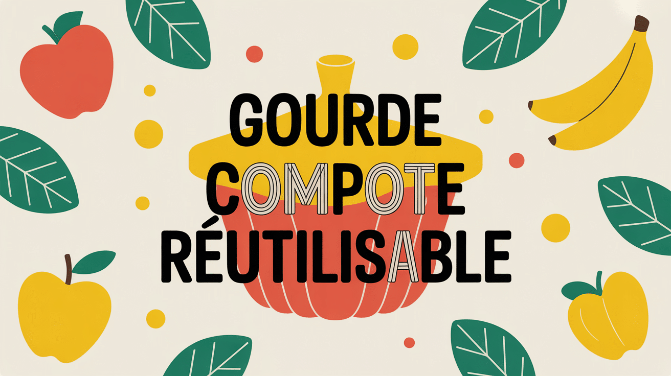 gourde compote réutilisable avec fruits et feuilles vertes