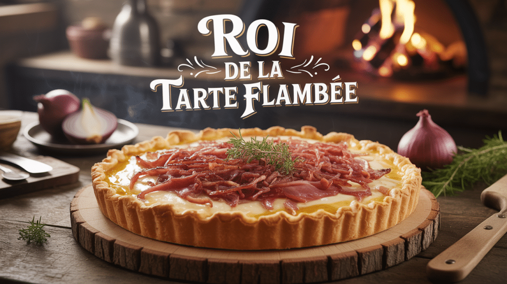 le roi de la tarte flambée sur planche bois avec four à bois