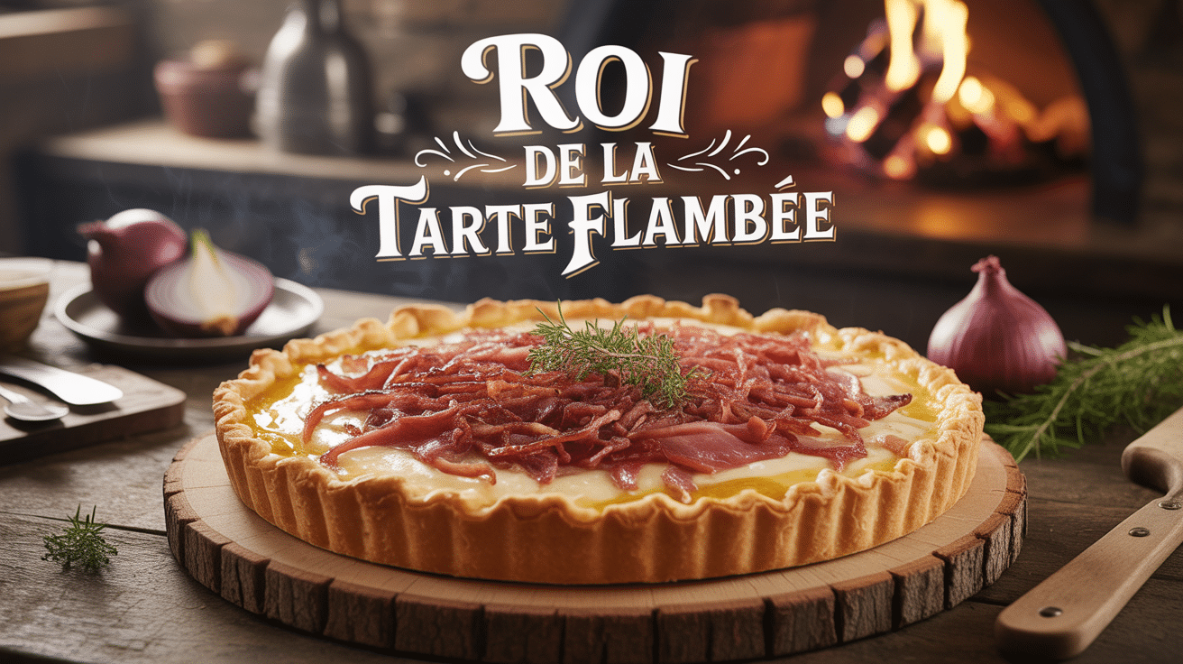 le roi de la tarte flambée sur planche bois avec four à bois