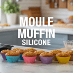 Moules muffin silicone colorés avec muffins démoulés en cuisine