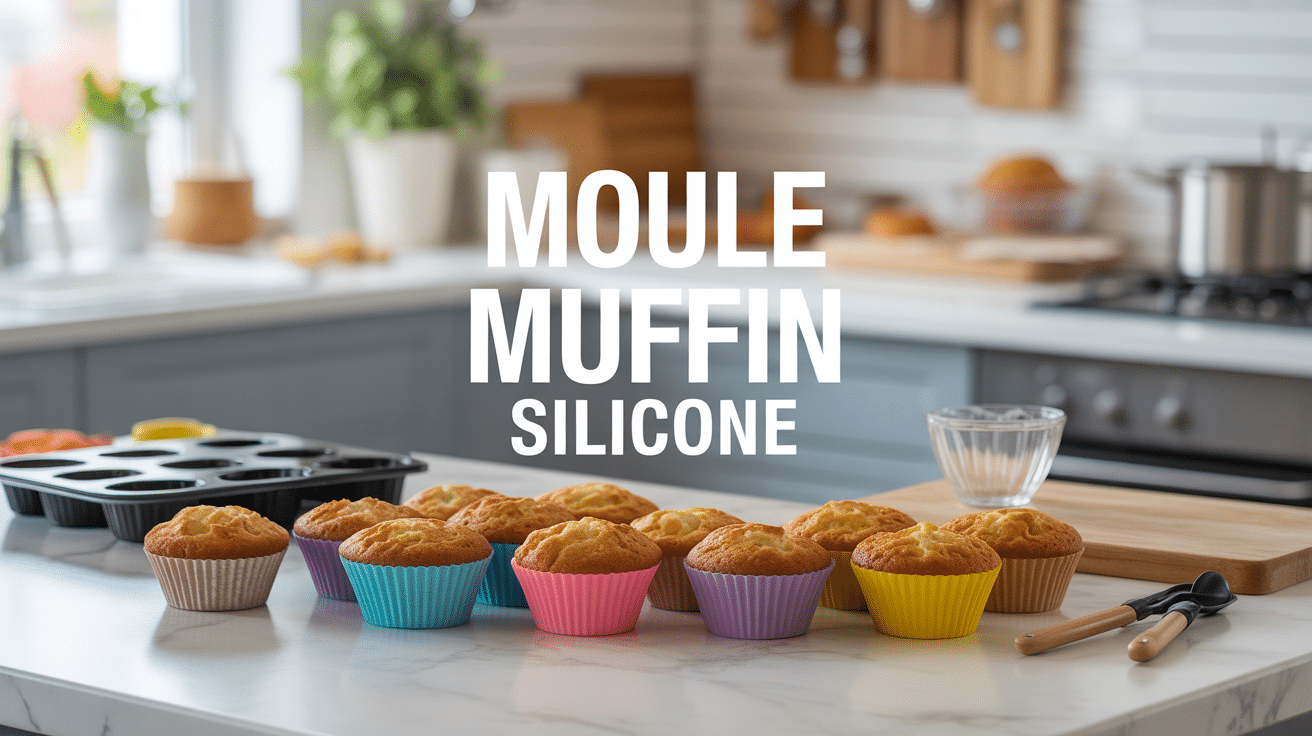 Moules muffin silicone colorés avec muffins démoulés en cuisine