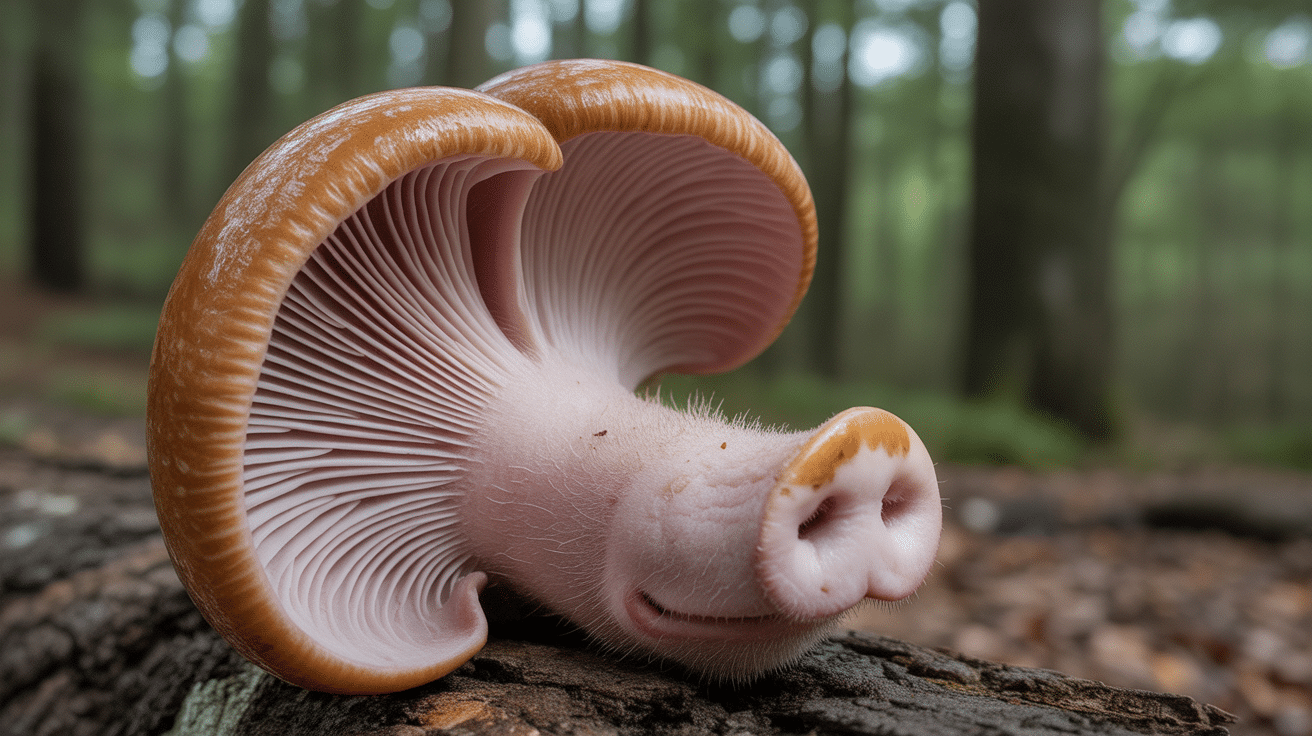 oreille de cochon champignon brun rose sur souche forêt humide
