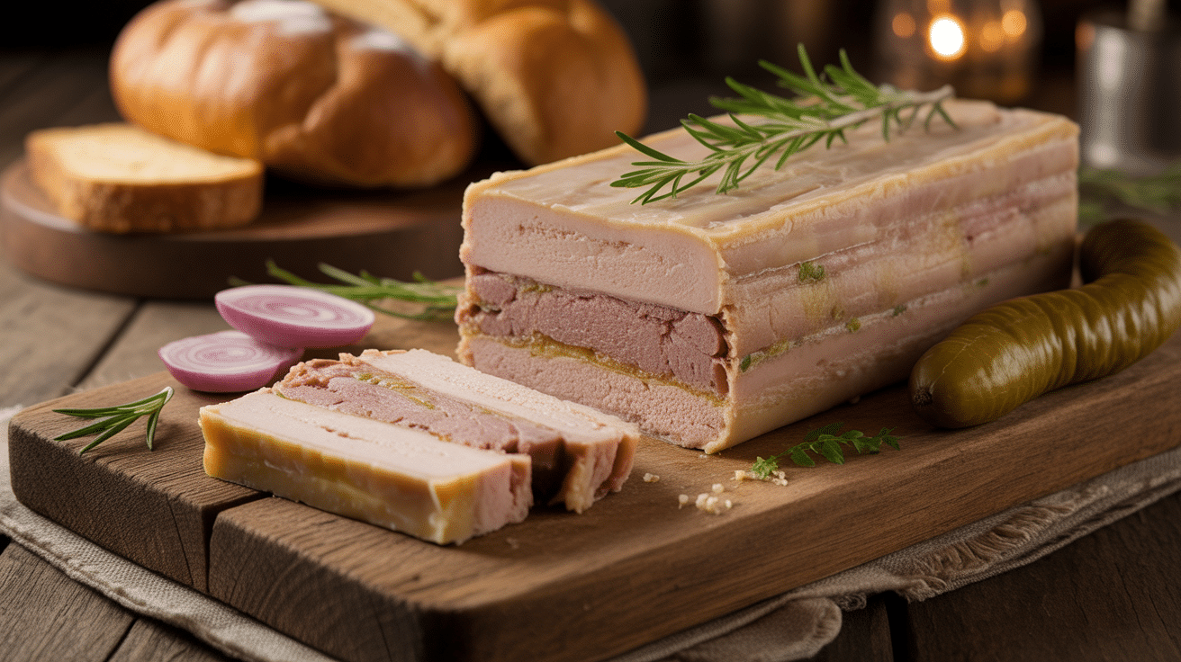 Terrine de paté de foie tranchée avec pain et cornichons