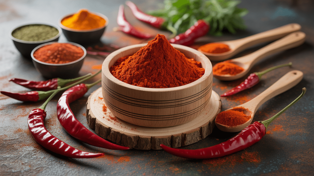 Bol de poudre chili et piments séchés sur table