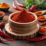 Bol de poudre chili et piments séchés sur table