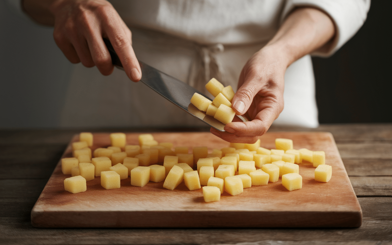 Préparation pommes de terre au four croustillantes façon grands-mères mains et couteau