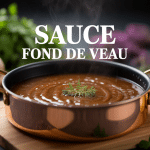 Sauce fond de veau dans casserole cuivre avec ingrédients
